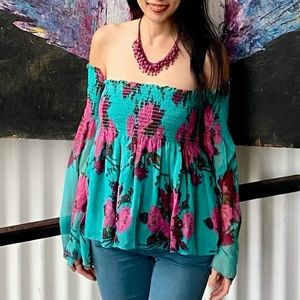 Vintage Betsey Johnson Cold Off The Shoulder Silk Roses Top Small S Made in USA